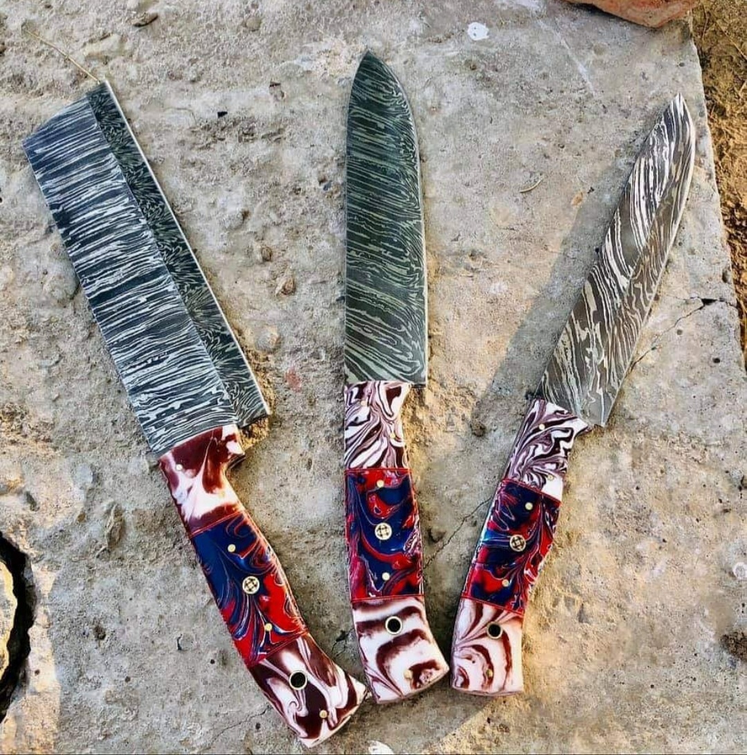 Custom Handmade Damascus steel chef set knives with leather bag