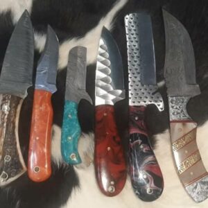 Custom Handmade Damascus steel Skinner and Bull cutter knives with leather sheaths