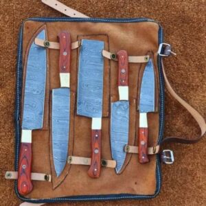 Custom Handmade Damascus steel chef set knives with leather bag
