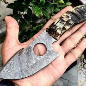 Custom Handmade Damascus steel finger whole gut hook knife