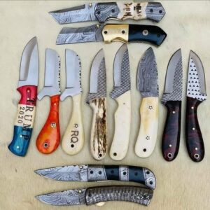 Custom Handmade Damascus and j2 steel bull cutter Skinner and folding knives