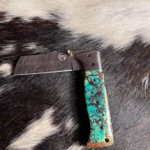 Custom Handmade Damascus steel folding knife with leather sheath