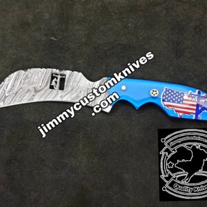 Custom hand made Damascus steel lineman hawk bill knife