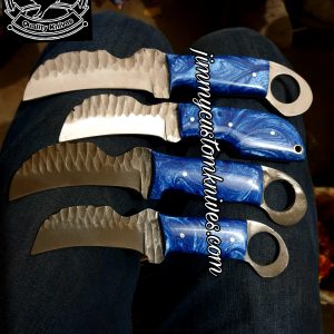 Custom hand made carbon steel hawk bill knives.