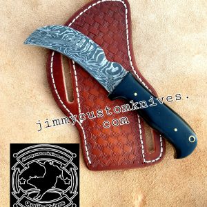 Custom hand made Damascus steel hawk bill knife