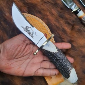 Custom handmade j2 steel hunting knife Handle made of antler With bras gard