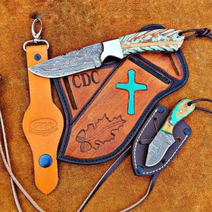 Custom handmade Damascus steel cowboy skinner knife and little gift