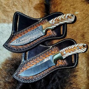 Custom handmade Damascus steel cowboy skinner 2 knives
