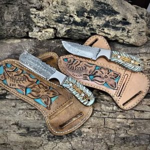 Custom hand made Damascus steel cowboy skinner and bull cutter knives